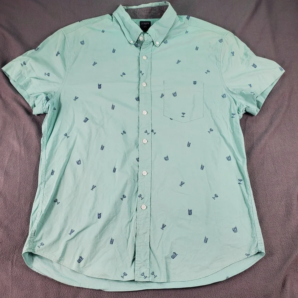 J.Crew Mens Large Short Sleeve Button Down Shirt Teal Cocktail Drink‎ Print flaw
